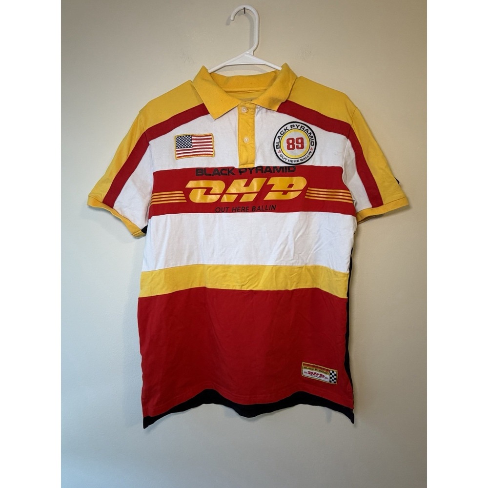 Black Pyramid Shirt Mens Small Polo Short Sleeve Black All Over Print Logo